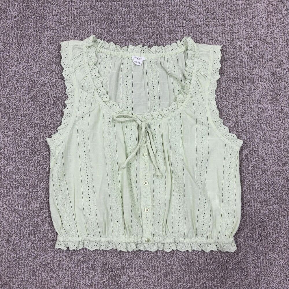 Kimchi Blue Top Womens Medium Green Lace Button Crop Cottagecore Boho Coquette